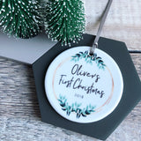 Personalised Baby’s First Christmas Botanical Round Ceramic Tree Hanger Decoration Ornament