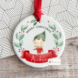 Personalised Merry Christmas Gift Boy Girl Elf Pixie Ceramic Round Decoration