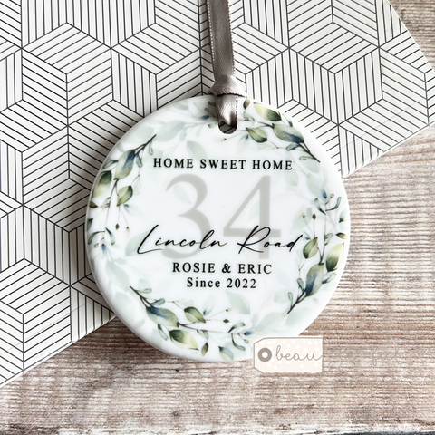 Personalised Home Sweet Home New Home address Foliage Greenery Wreath Ceramic Ornament Keepsake