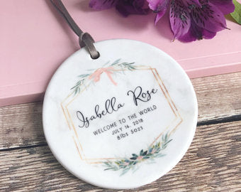 Personalised Welcome to the World Baby Girl Marble Style Quote Botanical Ceramic Round Decoration Ornament Keepsake