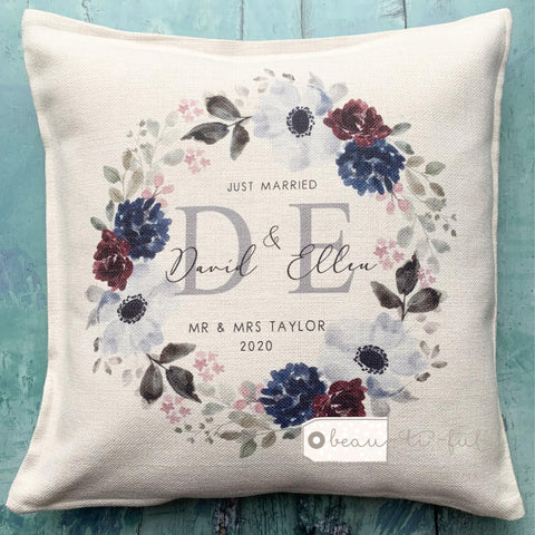 Personalised Mr Mrs Just Married Wedding .. Floral Greenery Wreath Cushion