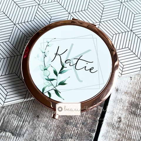 Personalised Initial and Name Modern Greenery Design Compact Mirror