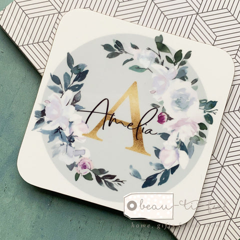 Personalised Name & Initial .. White Pink Floral Wreath Design coaster