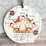 Personalised First Christmas as a family of 3 4 5 Woodland Deer Gift Boy Girl Acrylic or ceramic Round Decoration
