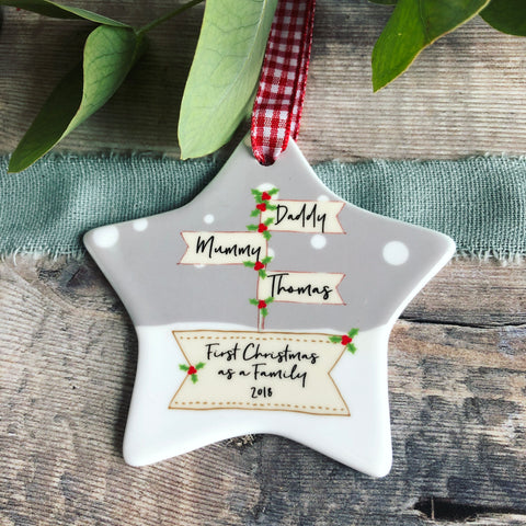 Personalised First Christmas as A Family Signpost Ceramic Star Christmas Decoration Ornament