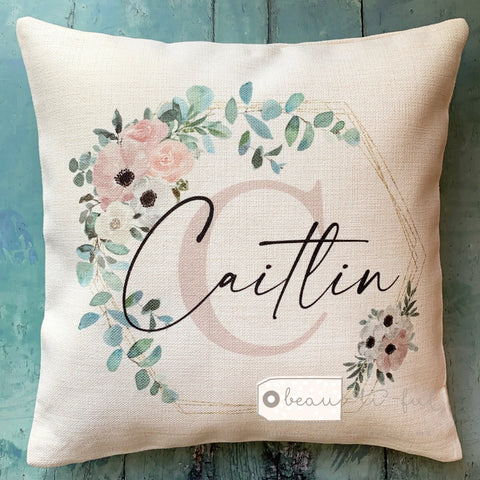 Personalised Name and Initial Peach Floral Greenery Cushion