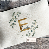 Personalised Name and Initial.. Geometric Greenery Design Linen Style Make Up Bag