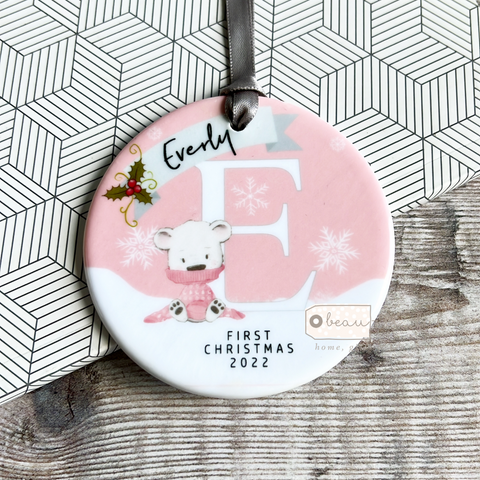 Personalised Baby’s First Christmas New Baby Boy Girl Newborn Snowflake bear Ceramic Round Decoration