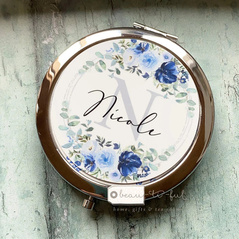 Personalised Initial and Name Blue Bouquet Floral Design Rose Gold Compact Mirror