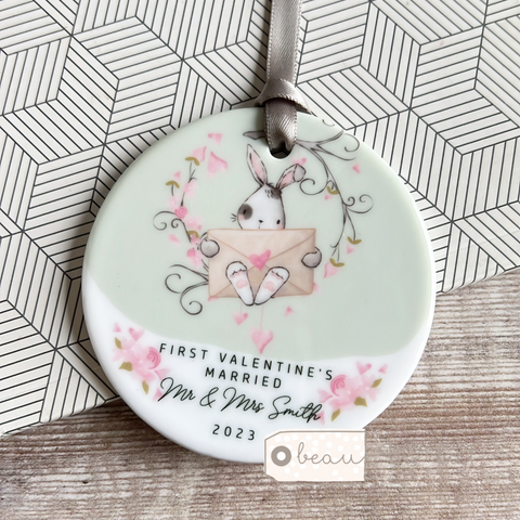 Personalised First Valentine’s Married Engaged Together Bunny Round Ceramic Keepsake