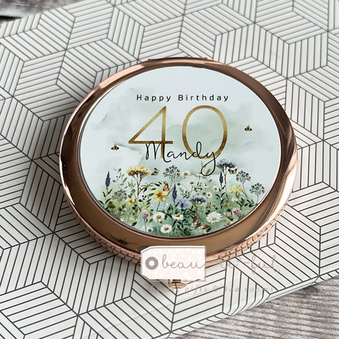 Personalised Birthday Age Name Modern Meadow Flowers Greenery Design Compact Mirror