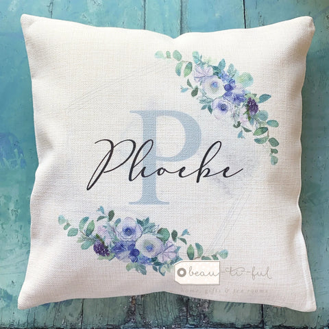 Personalised Name and Initial Lilac Greenery Floral Cushion