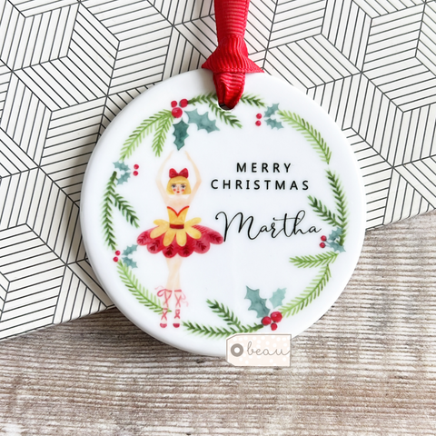 Personalised Merry Christmas Nutcracker theme dancer Holly Wreath Greenery Ceramic Round Decoration