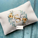 Personalised Name and Initial.. Sunflower Floral Design Linen style Make up Bag