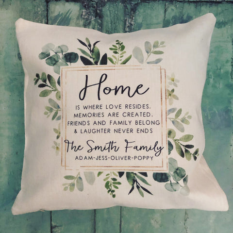 Personalised Home Is where love... Botanical Design New Home Quote Linen Style Cushion