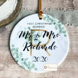 Personalised First Christmas Married Mr Mrs Wedding Marble Style Botanical Ceramic Keepsake