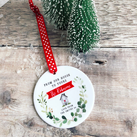 Personalised From our house to yours Family Christmas Botanical Ceramic Round Decoration Keepsake