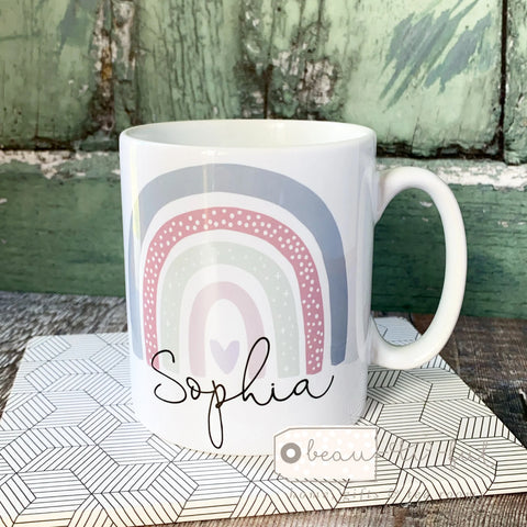 Personalised Name Pastel Pink Lilac Rainbow Design Mug