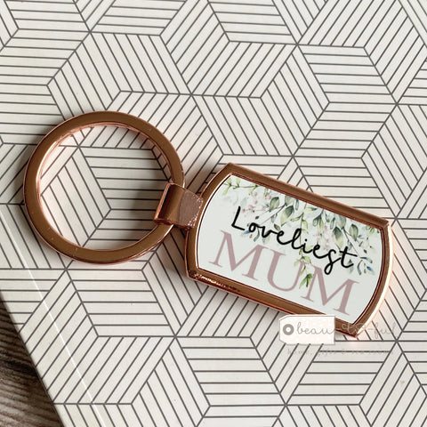 Personalised Loveliest… Pink Floral Foliage Greenery Design Rose Gold Silver Key Ring Gift