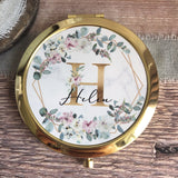 Personalised Initial and Name Pink Floral Geometric Design Rose Gold Compact Mirror