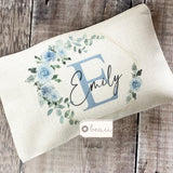 Personalised Name and Initial.. Pale Blue Greenery Design Linen style Make up Bag
