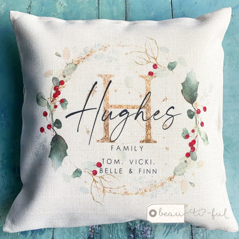 Personalised Christmas Family Holly Foliage Traditional Wreath Cushion