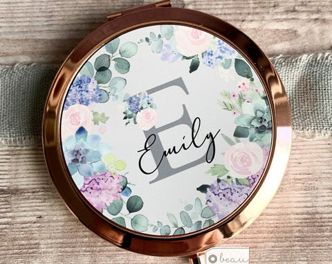 Personalised Initial and Name Lilac Floral Compact Mirror