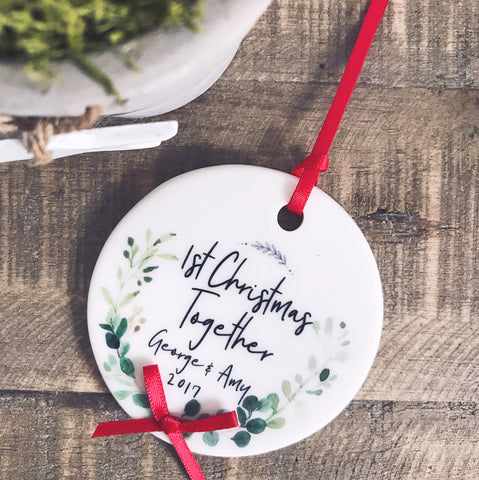 Personalised First Christmas Together Botanical Round Ceramic Tree Hanger Decoration Ornament