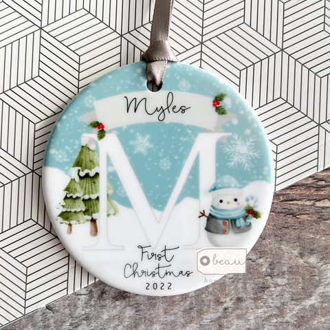 Personalised Baby’s First Christmas New Baby Boy Girl Newborn Snowflake Snowman Ceramic or Acrylic Round Decoration