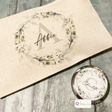 Personalised Name and Initial.. Foliage Greenery Design Linen Style Make Up Bag