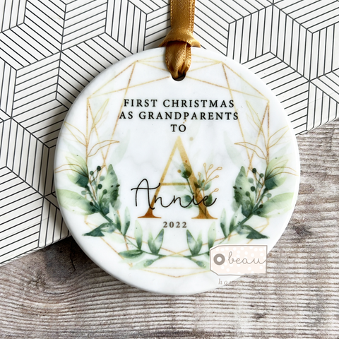 Personalised First Christmas as Grandparents Geo Greenery Ceramic Round Decoration