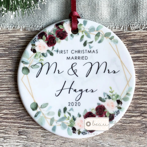 Personalised First Christmas Married Mr And Mrs Burgundy Geo Greenery Round Ceramic Tree Hanger Decoration Ornament