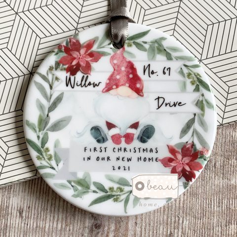 Personalised First Christmas In New Home with Address Santa Gnome Signpost Ceramic Round Christmas Decoration Ornament