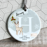 Personalised Baby’s First Christmas New Baby Boy Girl Newborn Snowflake deer Ceramic Round Decoration