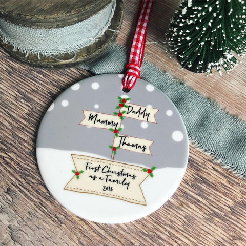 Personalised First Christmas as A Family Signpost Ceramic Round Christmas Decoration Ornament