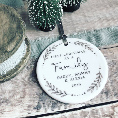 Personalised First Christmas as A Family Monochrome Wreath Ceramic Round Decoration Ornament Keepsake