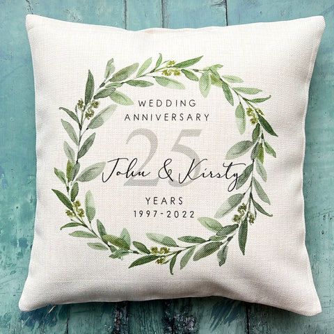 Personalised Wedding Anniversary Eucalyptus Wreath Design New Home Quote Linen Style Cushion