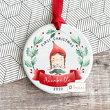 Personalised Baby Babies Baby’s First Christmas Gift Boy Girl Elf Pixie Round Decoration