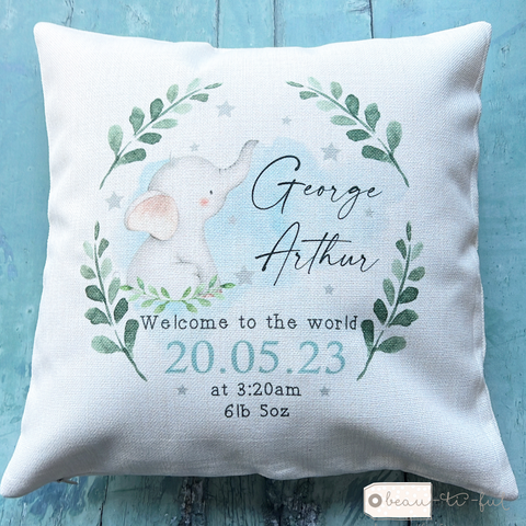 Personalised New Baby Elephant Greenery Linen Style Cushion New Born Birth Baby Girl Boy