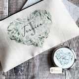 Personalised Name and Initial.. Eucalyptus Heart Design Linen Style Make Up Bag