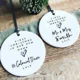 Personalised First Christmas in our new home Monochrome Heart Ceramic Round Decoration Ornament Keepsake