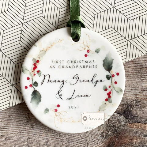 Personalised First Christmas as Grandparents Holly Foliage Traditional Wreath Greenery Ceramic Round Decoration