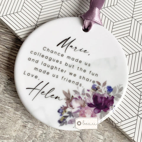Personalised Chance made us colleagues Mauve Floral Ceramic  Keepsake