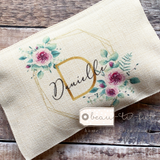 Personalised Name and Initial.. Pink Floral Greenery Design Linen Style Make Up Bag