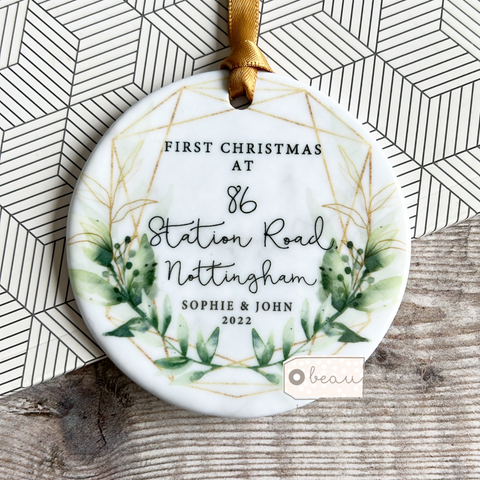Personalised First Christmas In our New Home Address Geo Greenery Round Ceramic Tree Hanger Decoration Ornament