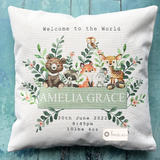 Personalised New Baby Woodland animals ...  Linen Style Cushion - New Born - Birth - Baby Girl Boy