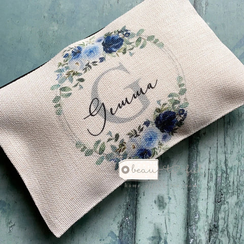 Personalised Name and Initial.. Blue Bouquet Floral Wreath Design Linen style Make up Bag