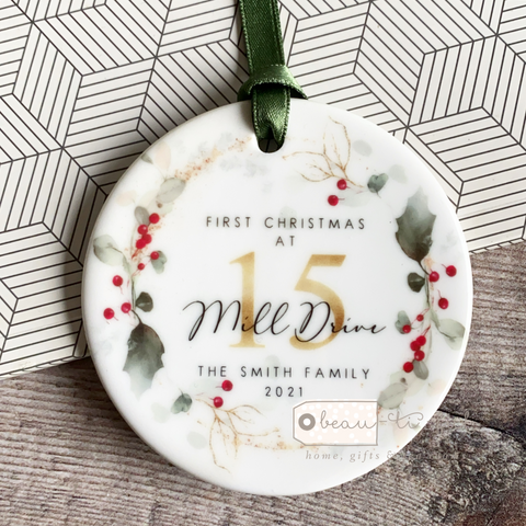 Personalised First Christmas at Address New Home Holly Botanical Ceramic Round Decoration Ornament