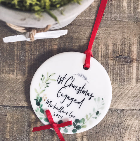 First Christmas Engaged Botanical Round Ceramic Tree Hanger Decoration Ornament