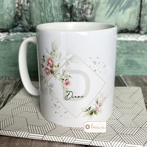 Personalised Name and Initial Mug with Pink roses Greenery Wreath Detail